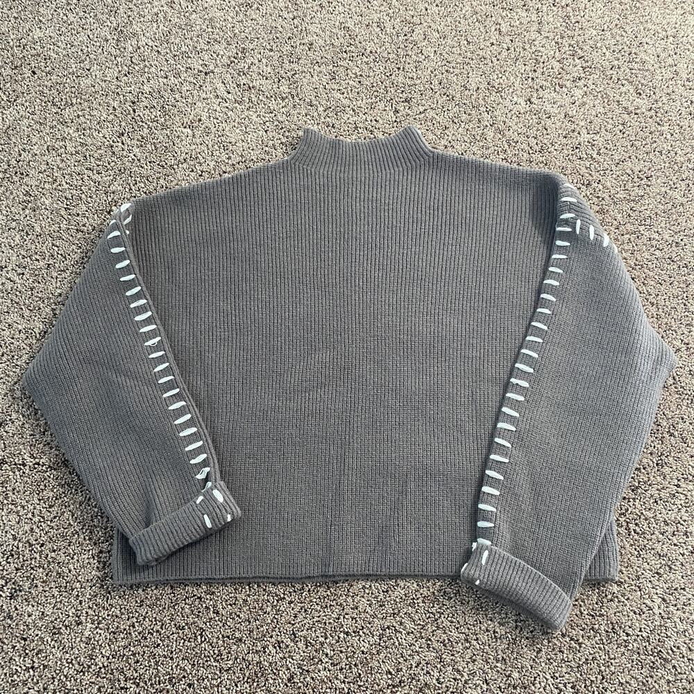 Commense Sweater Womens XL Gray Mock Neck Chunky Knit Contrast Stitch Pullover - Picture 2 of 7